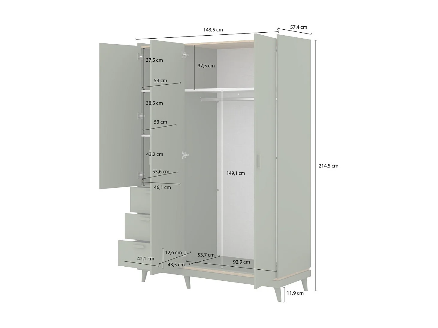 Armoire NOKI – 3 portes chêne clair et moka – Style scandinave