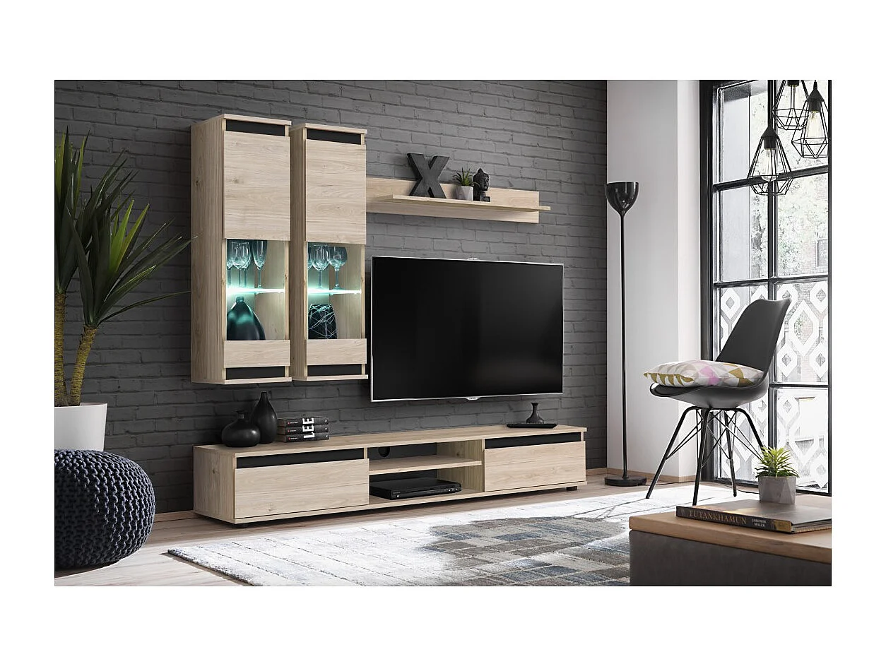 Composition murale DOMO – Meuble TV, 2 vitrines suspendues et étagère murale – Chêne clair et noir