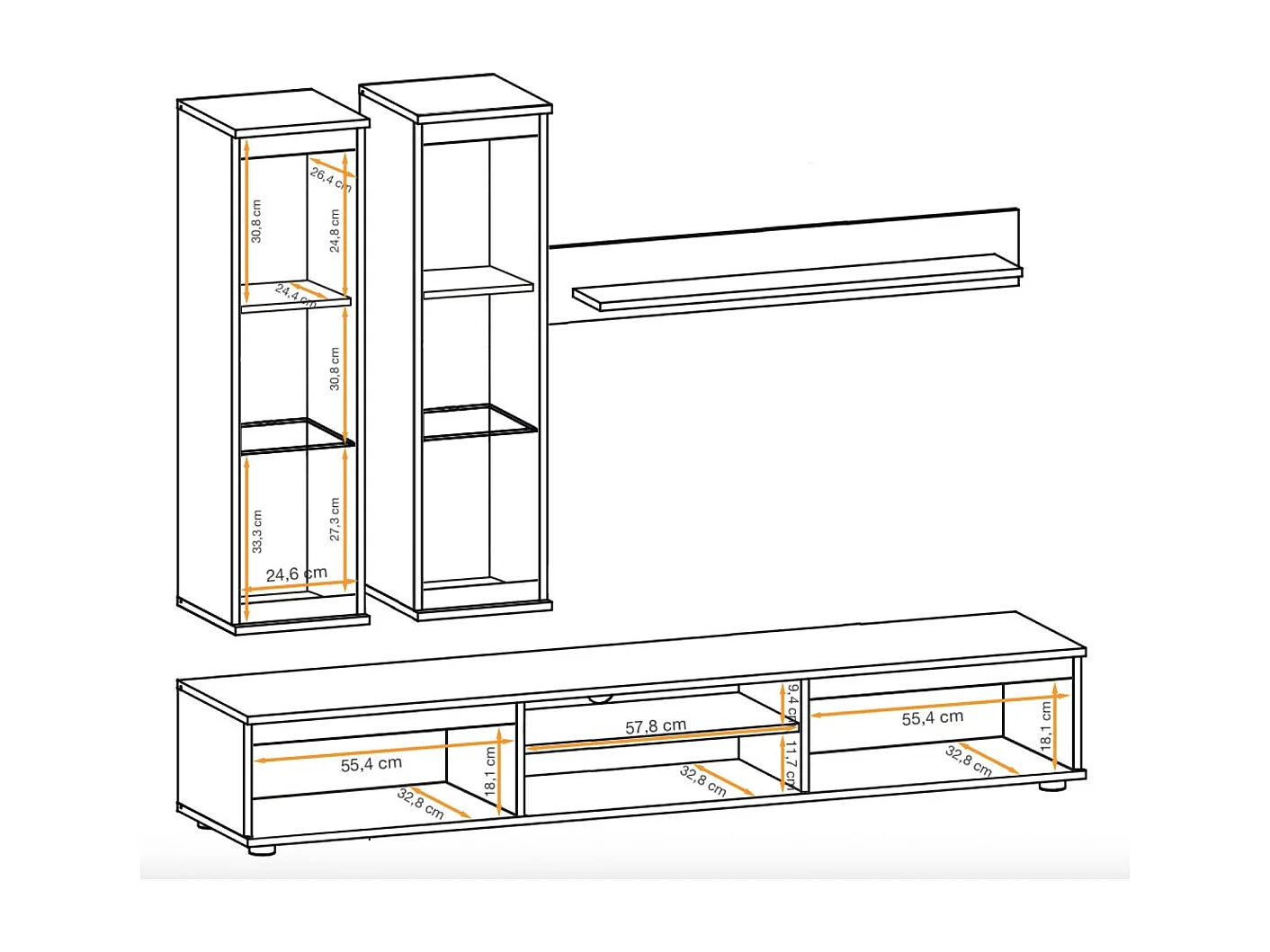 Composition murale DOMO – Meuble TV, 2 vitrines suspendues et étagère murale – Chêne clair et noir