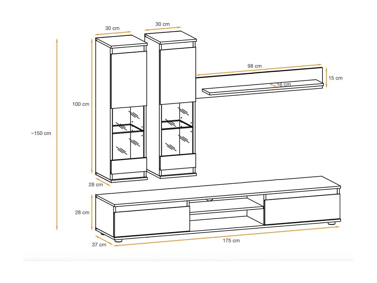 Composition murale DOMO – Meuble TV, 2 vitrines suspendues et étagère murale – Chêne clair et noir