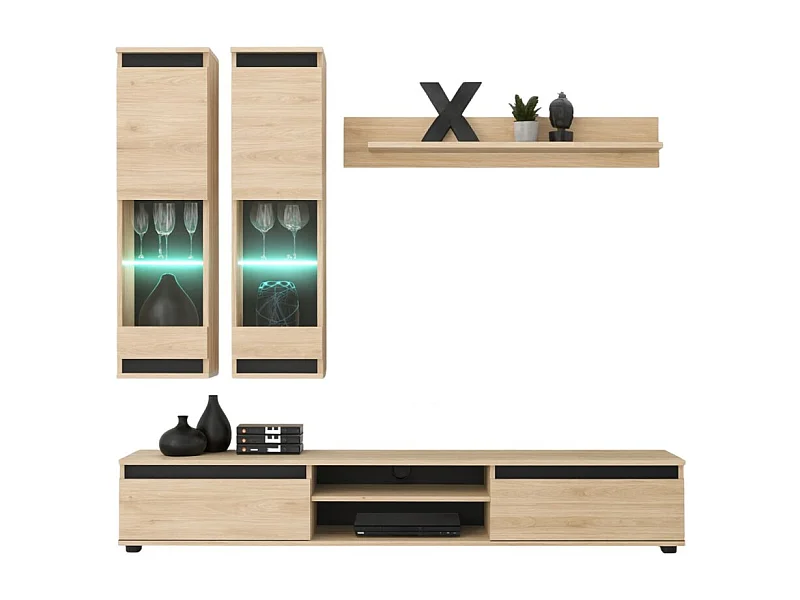 Composition murale DOMO – Meuble TV, 2 vitrines suspendues et étagère murale – Chêne clair et noir