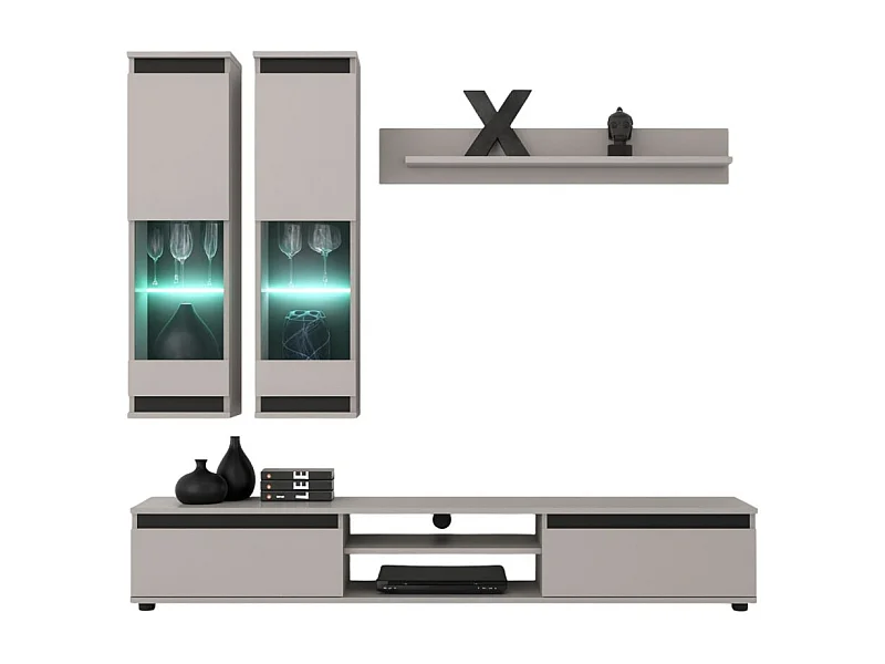 Composition murale DOMO – Meuble TV, 2 vitrines suspendues et 1 étagère murale – Cachemire