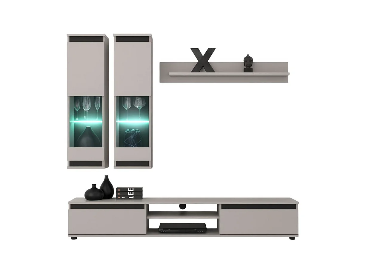 Composition murale DOMO – Meuble TV, 2 vitrines suspendues et 1 étagère murale – Cachemire