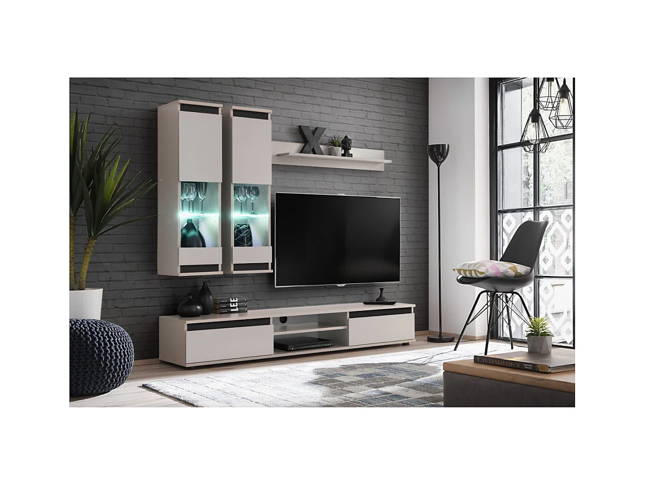 Composition murale DOMO – Meuble TV, 2 vitrines suspendues et 1 étagère murale – Cachemire