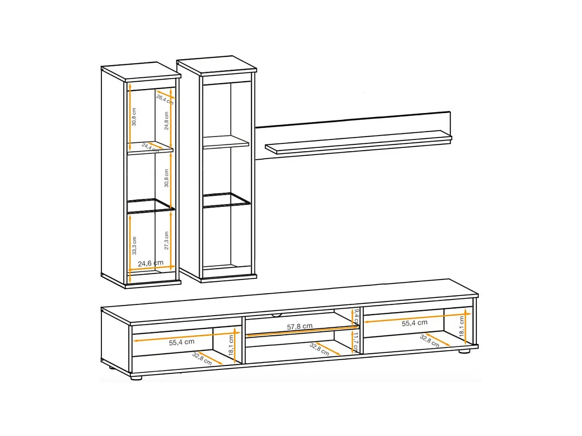 Composition murale DOMO – Meuble TV, 2 vitrines suspendues et 1 étagère murale – Cachemire