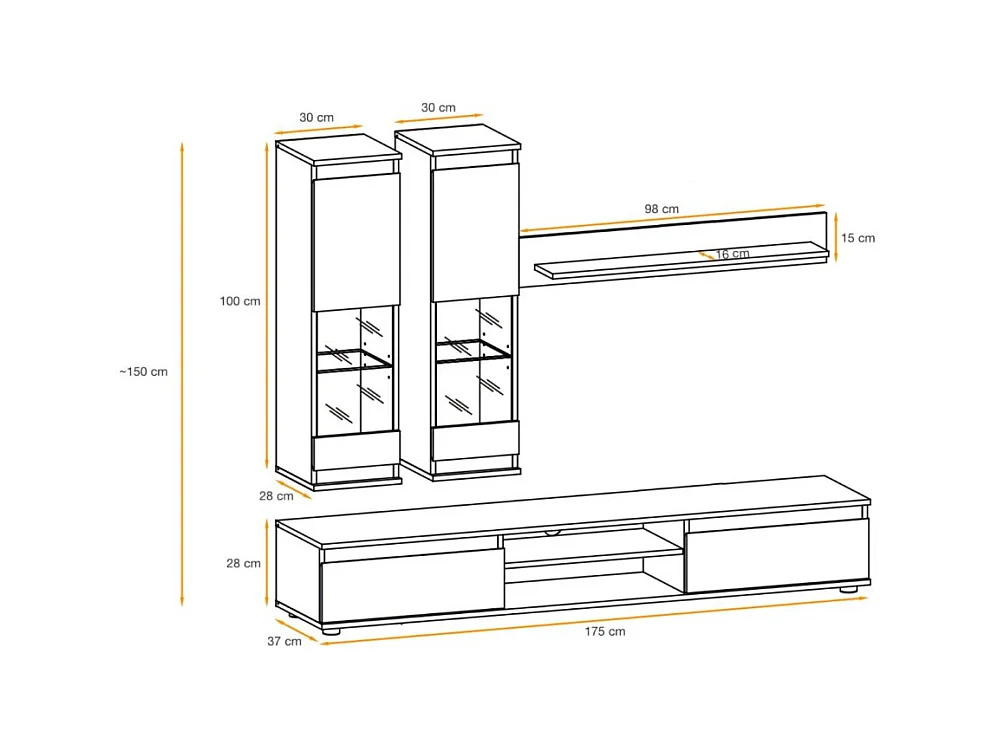 Composition murale DOMO – Meuble TV, 2 vitrines suspendues et 1 étagère murale – Cachemire