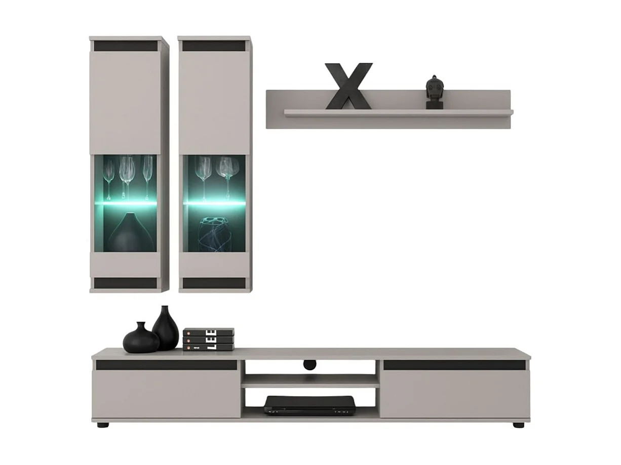 Composition murale DOMO – Meuble TV, 2 vitrines suspendues et 1 étagère murale – Cachemire