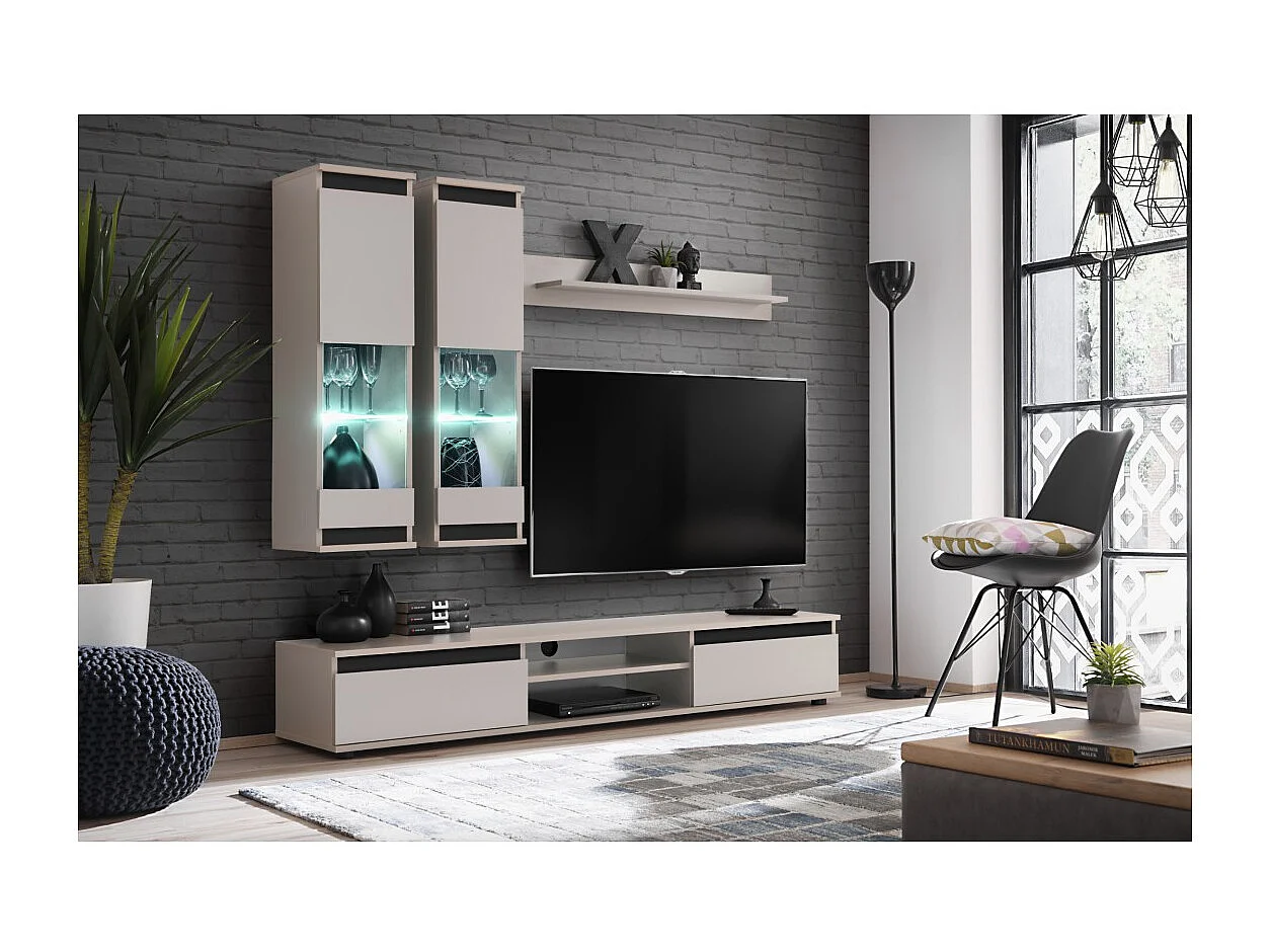 Composition murale DOMO – Meuble TV, 2 vitrines suspendues et 1 étagère murale – Cachemire