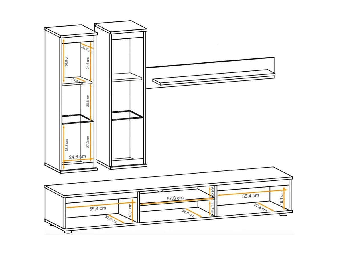Composition murale DOMO – Meuble TV, 2 vitrines suspendues et 1 étagère murale – Cachemire