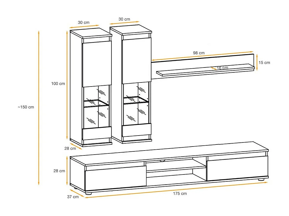 Composition murale DOMO – Meuble TV, 2 vitrines suspendues et 1 étagère murale – Cachemire
