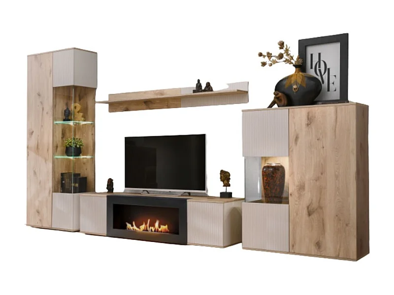 Ensemble de salon ERINA – Vitrine, meuble TV avec cheminée bio-éthanol, étagère murale et buffet haut – Chêne clair et beige