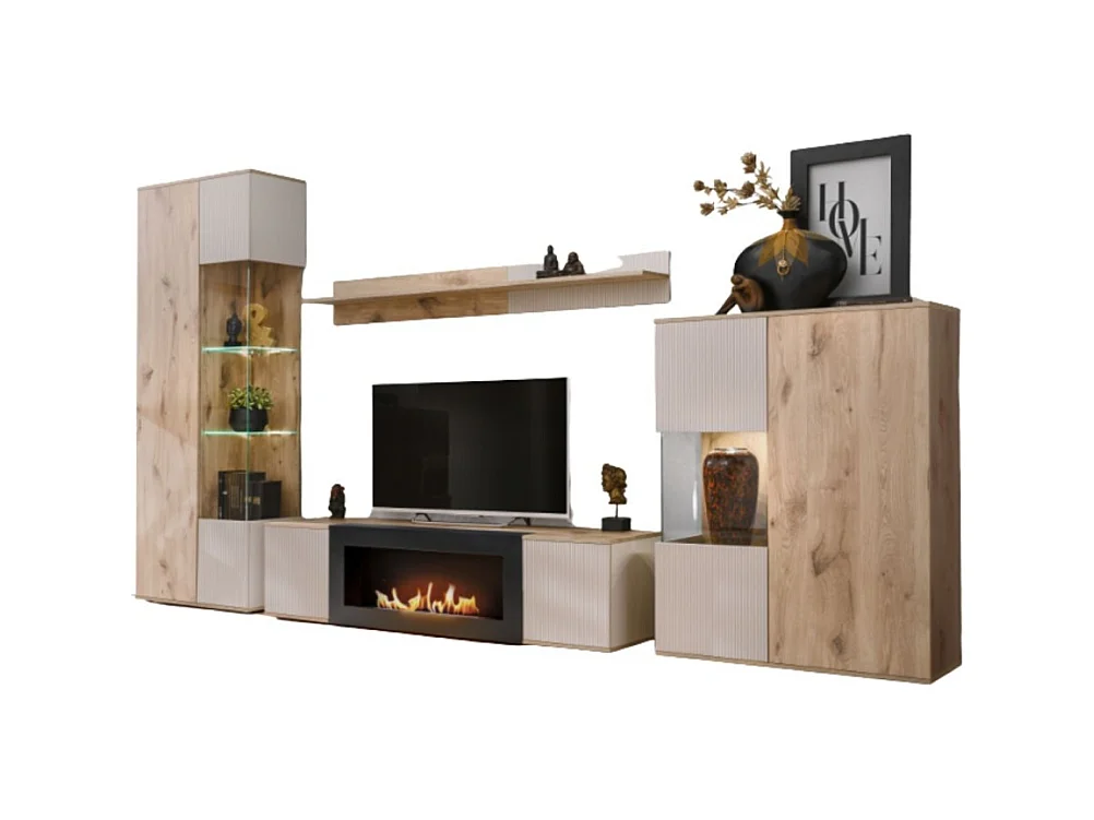 Ensemble de salon ERINA – Vitrine, meuble TV avec cheminée bio-éthanol, étagère murale et buffet haut – Chêne clair et beige