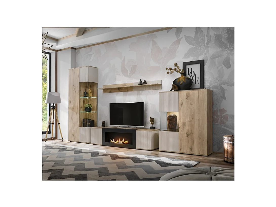 Ensemble de salon ERINA – Vitrine, meuble TV avec cheminée bio-éthanol, étagère murale et buffet haut – Chêne clair et beige
