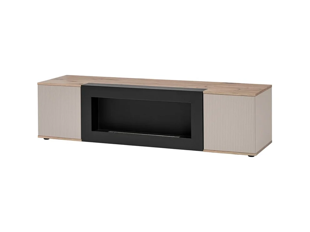 Ensemble de salon ERINA – Vitrine, meuble TV avec cheminée bio-éthanol, étagère murale et buffet haut – Chêne clair et beige