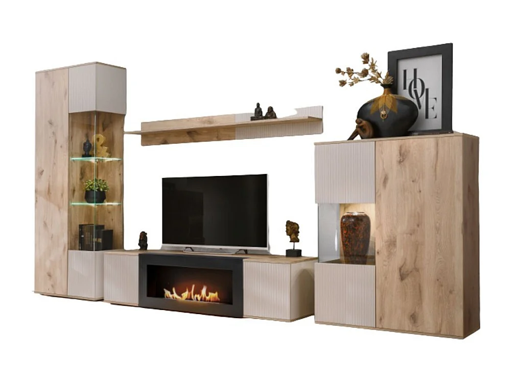 Ensemble de salon ERINA – Vitrine, meuble TV avec cheminée bio-éthanol, étagère murale et buffet haut – Chêne clair et beige