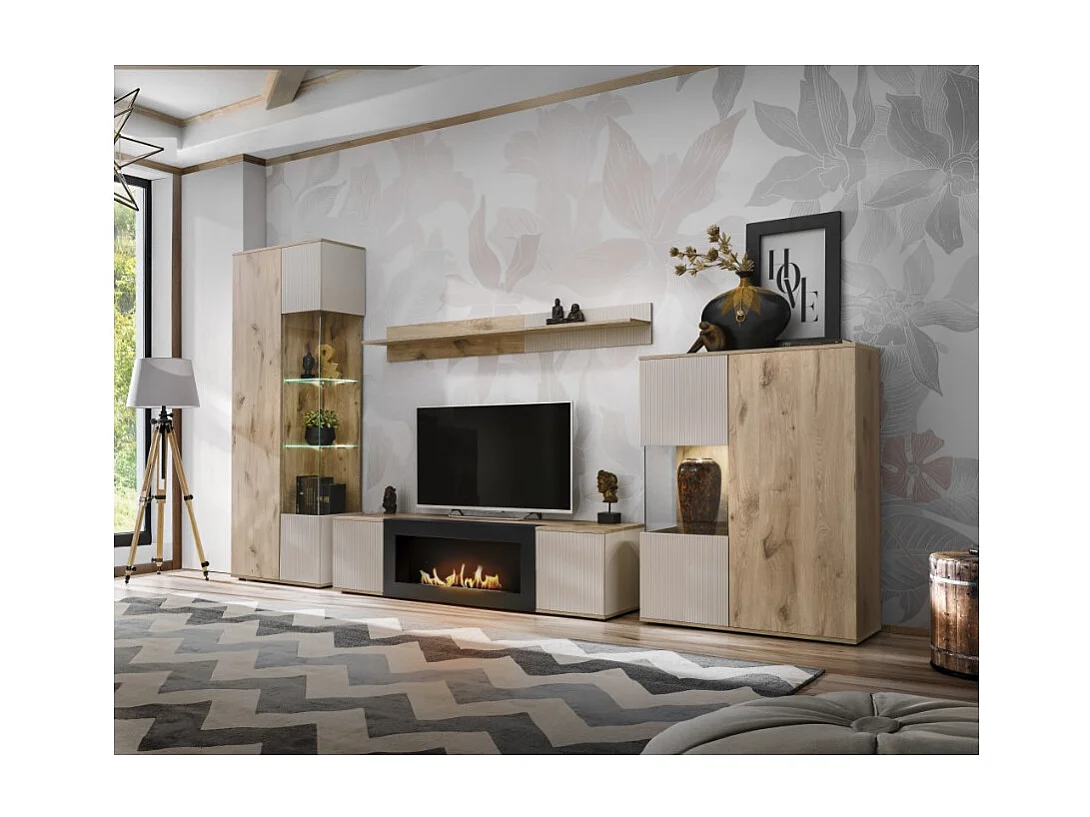Ensemble de salon ERINA – Vitrine, meuble TV avec cheminée bio-éthanol, étagère murale et buffet haut – Chêne clair et beige
