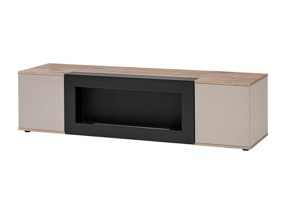 Ensemble de salon ERINA – Vitrine, meuble TV avec cheminée bio-éthanol, étagère murale et buffet haut – Chêne clair et beige