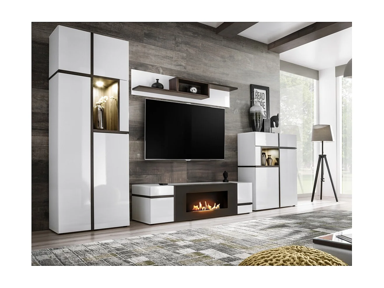 Ensemble de salon CRISS avec cheminée bio-éthanol – Blanc brillant – Meuble TV, vitrine, vitrine basse et étagère