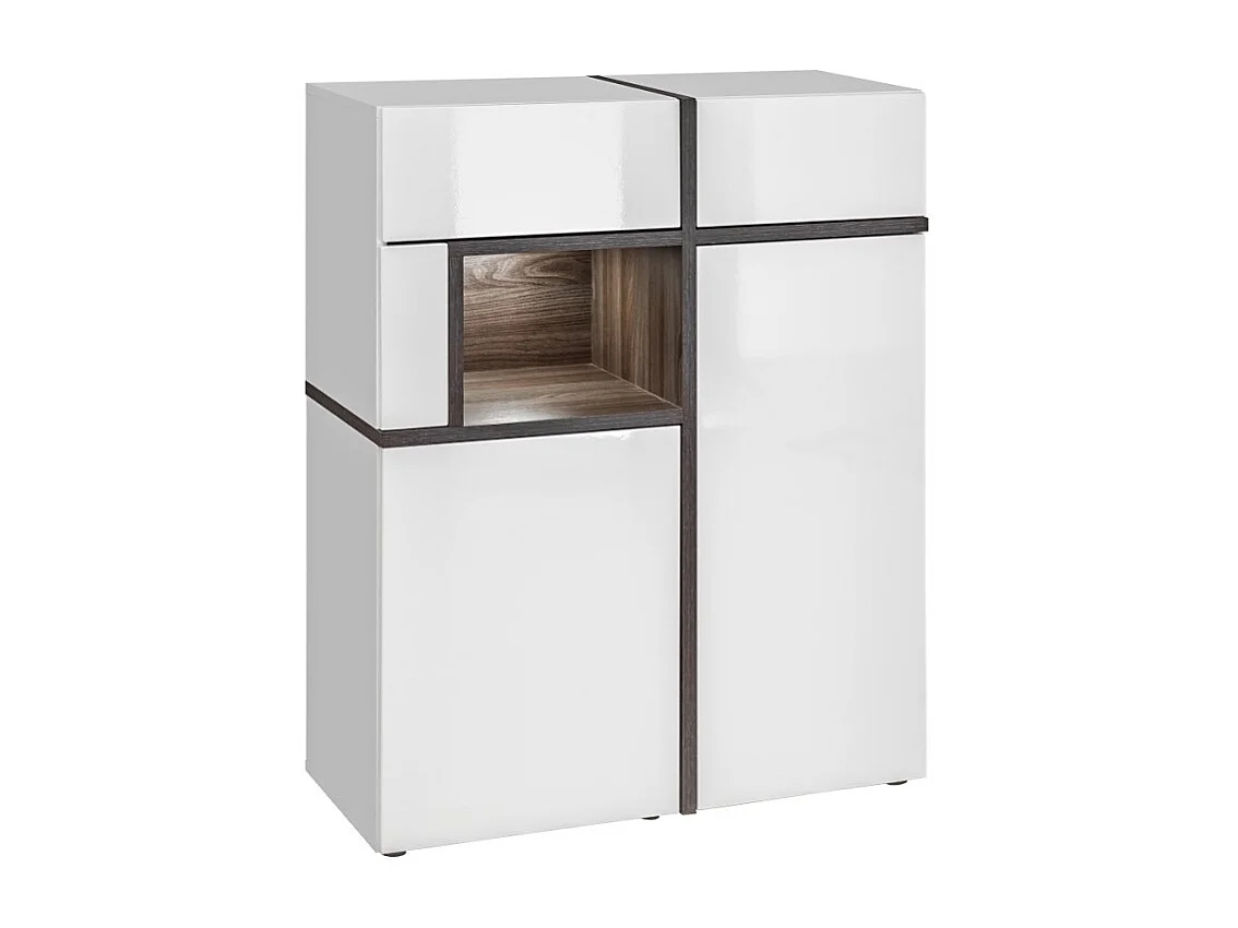 Ensemble de salon CRISS avec cheminée bio-éthanol – Blanc brillant – Meuble TV, vitrine, vitrine basse et étagère