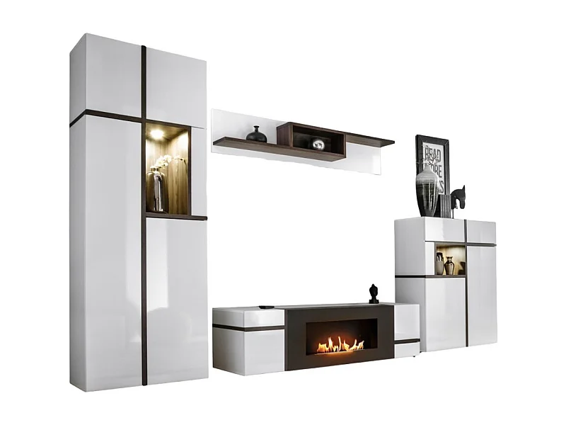 Ensemble de salon CRISS avec cheminée bio-éthanol – Blanc brillant – Meuble TV, vitrine, vitrine basse et étagère