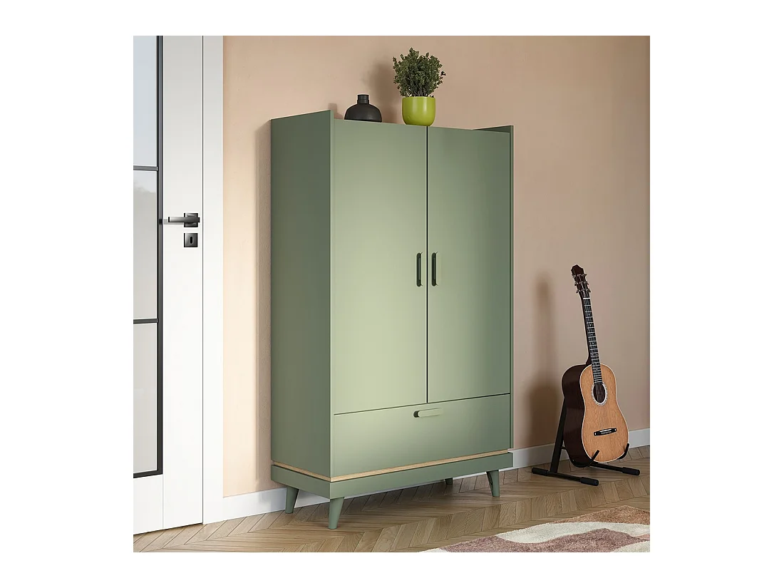 Armoire NOKI – 2 portes + 1 tiroir vert et bois – Petite armoire style scandinave