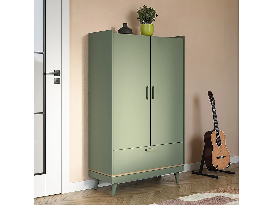Schrank NOKI – 2 Türen + 1 Schublade grün und Holz – Kleiner Schrank im skandinavischen Stil