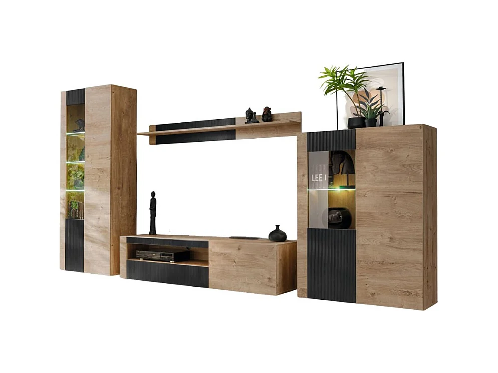 Ensemble de salon DOUM – Chêne clair et noir – L320 x H192 x P45 cm