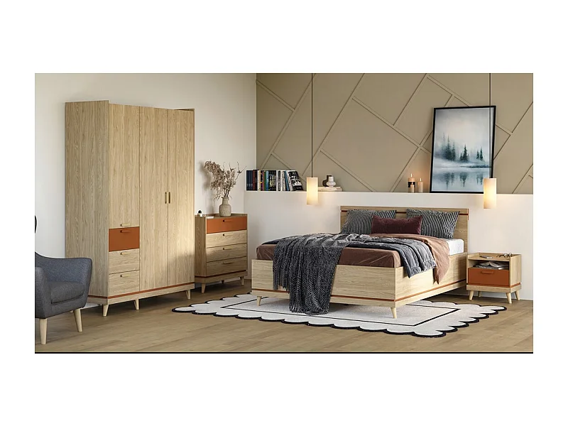 Ensemble chambre NOKI – Lit 160x200 + armoire 3 portes + commode + table de chevet – Chêne clair et moka style scandinave