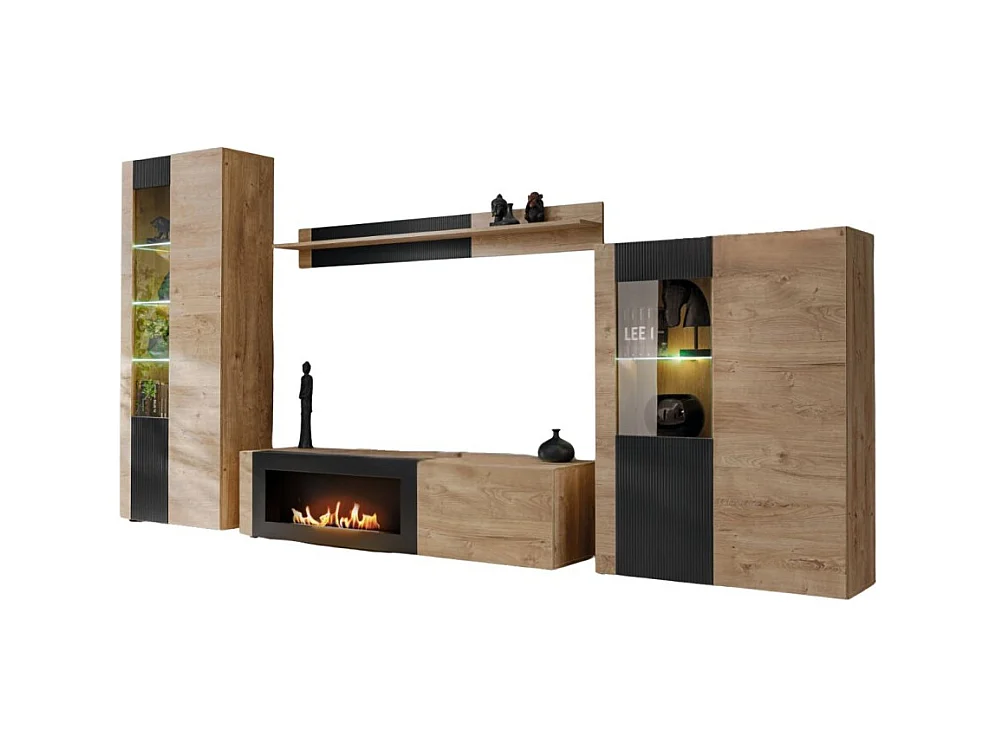 Ensemble de salon DOUM – Chêne clair et noir – Avec cheminée bio-éthanol – L320 x H192 x P45 cm