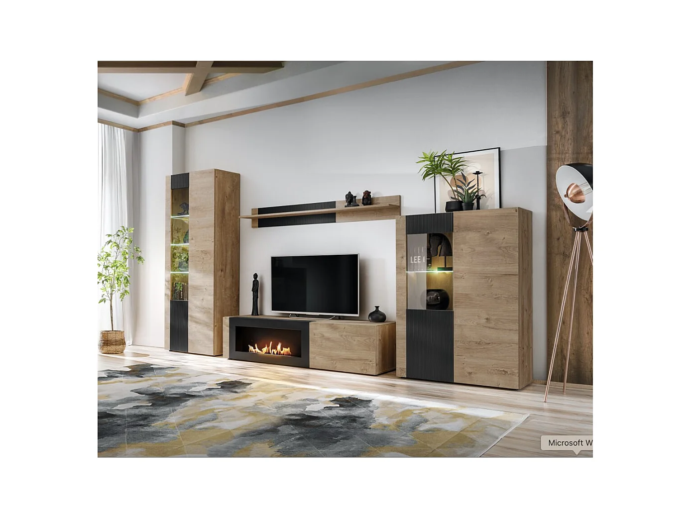 Ensemble de salon DOUM – Chêne clair et noir – Avec cheminée bio-éthanol – L320 x H192 x P45 cm