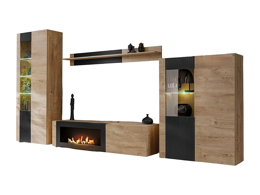 Ensemble de salon DOUM – Chêne clair et noir – Avec cheminée bio-éthanol – L320 x H192 x P45 cm