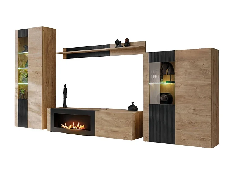 Ensemble de salon DOUM – Chêne clair et noir – Avec cheminée bio-éthanol – L320 x H192 x P45 cm