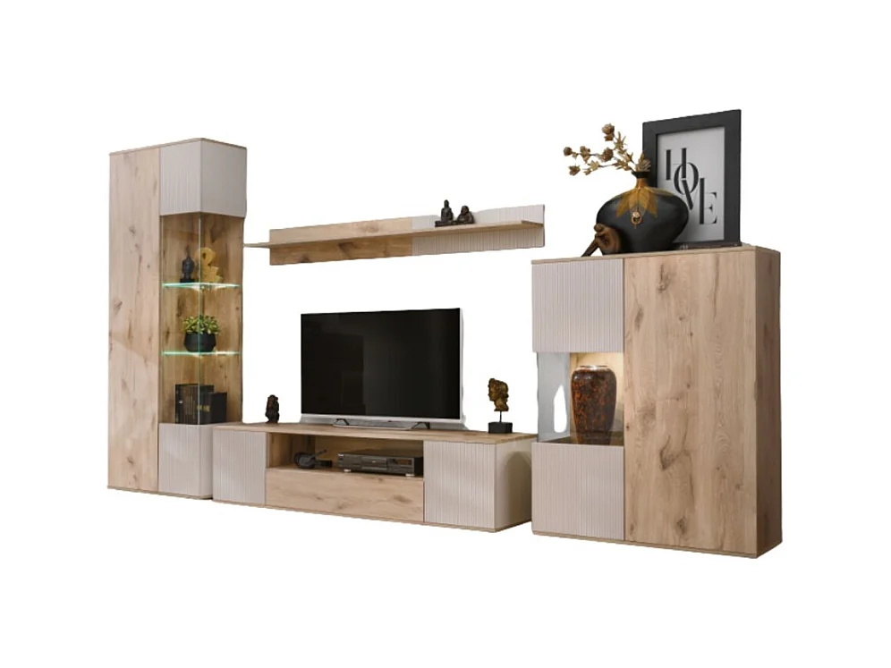 Ensemble de salon ERINA – Vitrine, meuble TV, étagère murale et buffet haut – Chêne clair et beige