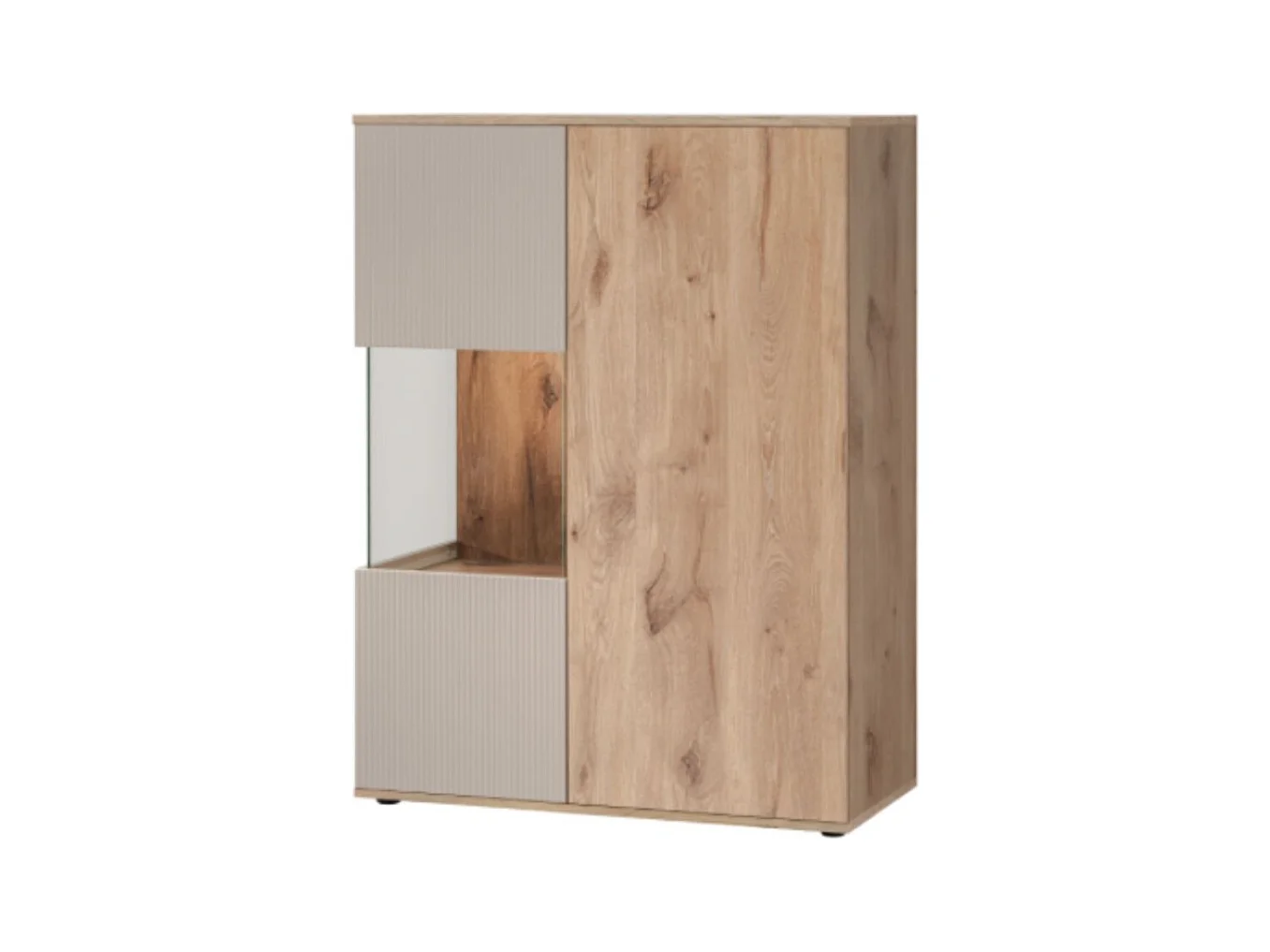 Ensemble de salon ERINA – Vitrine, meuble TV, étagère murale et buffet haut – Chêne clair et beige