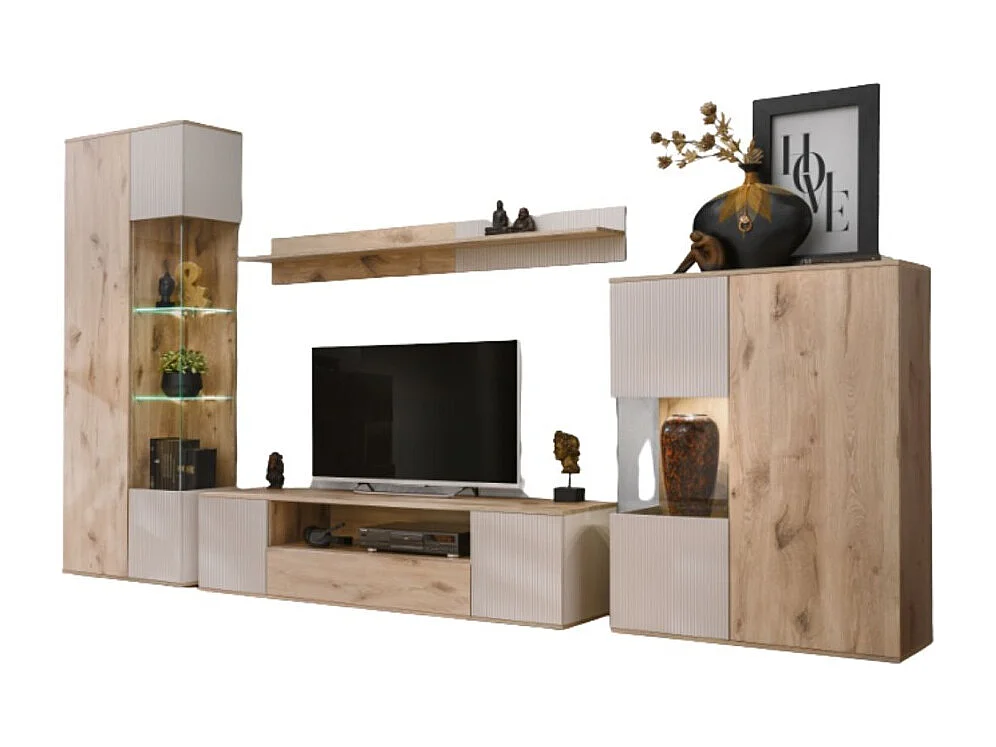 Ensemble de salon ERINA – Vitrine, meuble TV, étagère murale et buffet haut – Chêne clair et beige