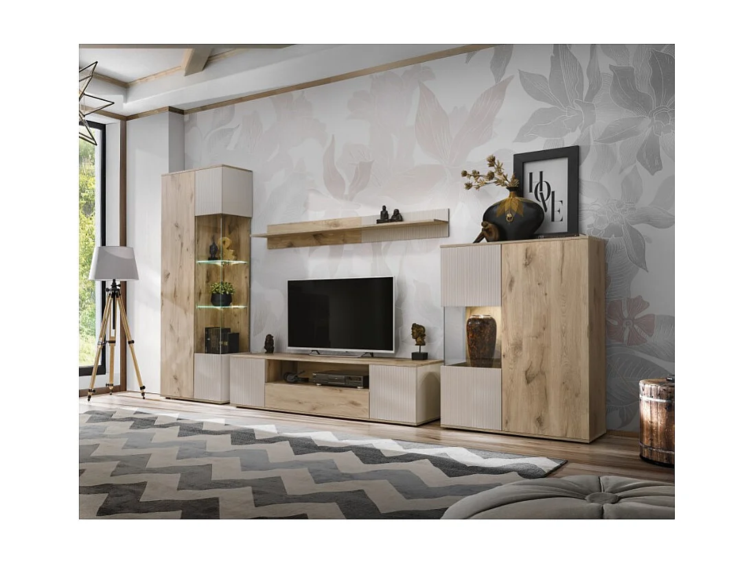 Ensemble de salon ERINA – Vitrine, meuble TV, étagère murale et buffet haut – Chêne clair et beige