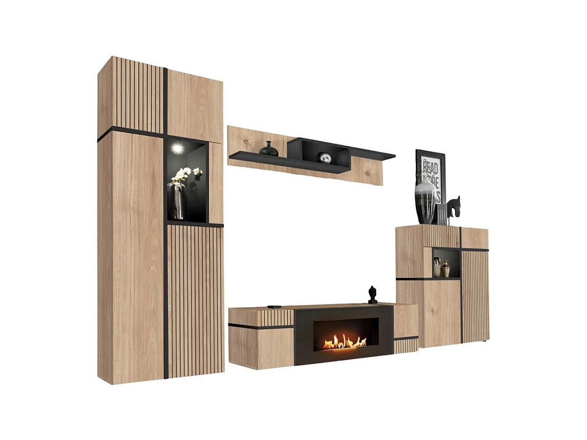 Ensemble de salon CRISS avec cheminée bio-éthanol – Chêne clair et noir – Meuble TV, vitrine, vitrine basse et étagère