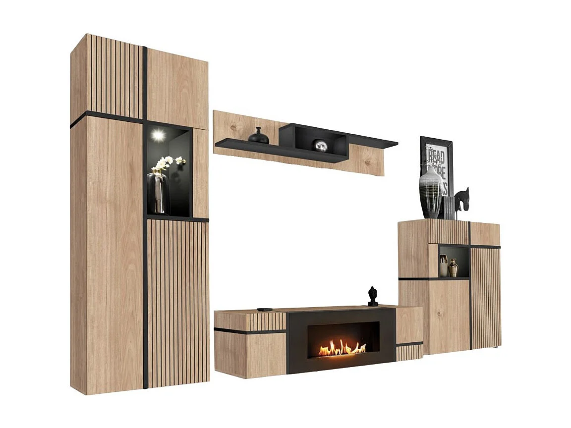 Ensemble de salon CRISS avec cheminée bio-éthanol – Chêne clair et noir – Meuble TV, vitrine, vitrine basse et étagère
