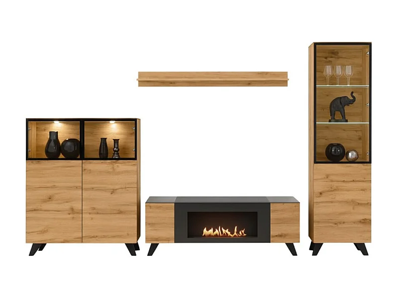 Ensemble de salon TINO avec cheminée bio-éthanol – Chêne foncé et noir – L340 cm