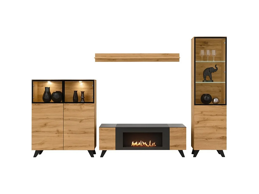 Ensemble de salon TINO avec cheminée bio-éthanol – Chêne foncé et noir – L340 cm