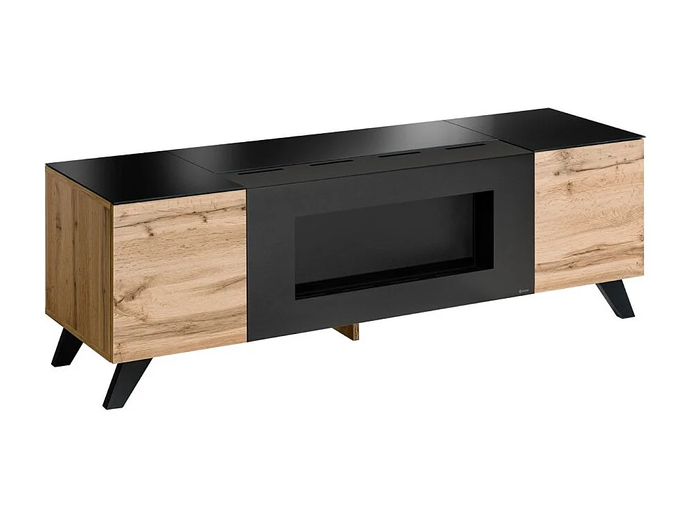 Ensemble de salon TINO avec cheminée bio-éthanol – Chêne foncé et noir – L340 cm