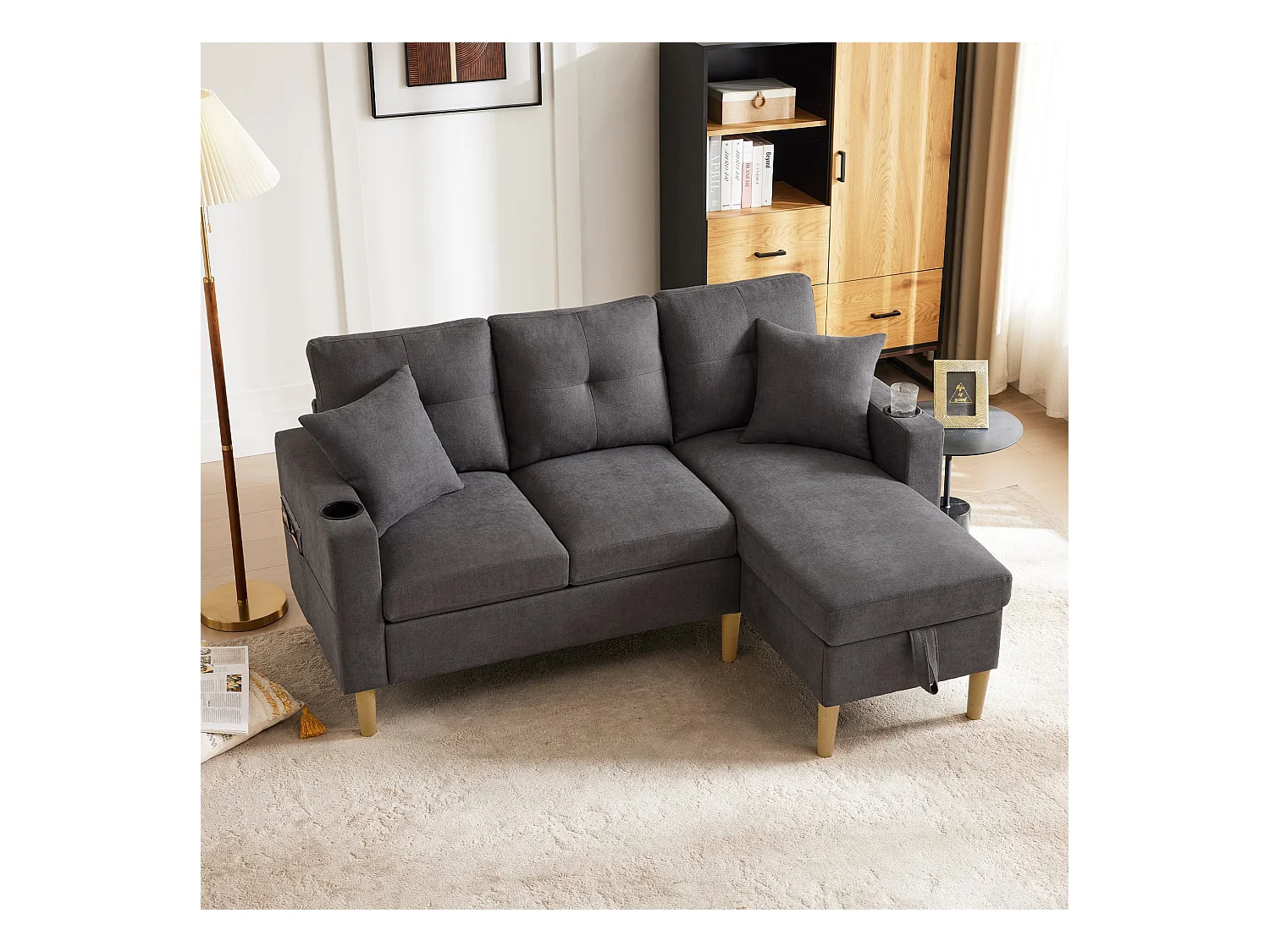 3-Sitzer Ecksofa L-förmiges Sofa mit Chaiselongue, Versteckter Stauraum für Wohnzimmer, Büro, Wohnung