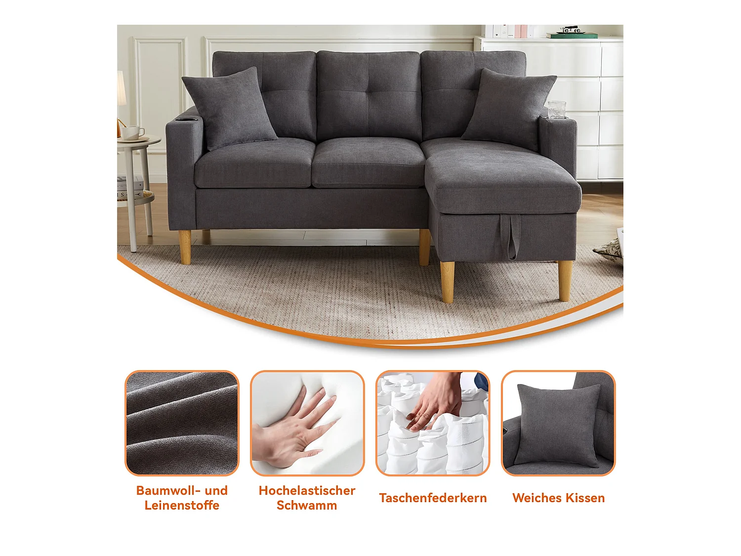 3-Sitzer Ecksofa L-förmiges Sofa mit Chaiselongue, Versteckter Stauraum für Wohnzimmer, Büro, Wohnung