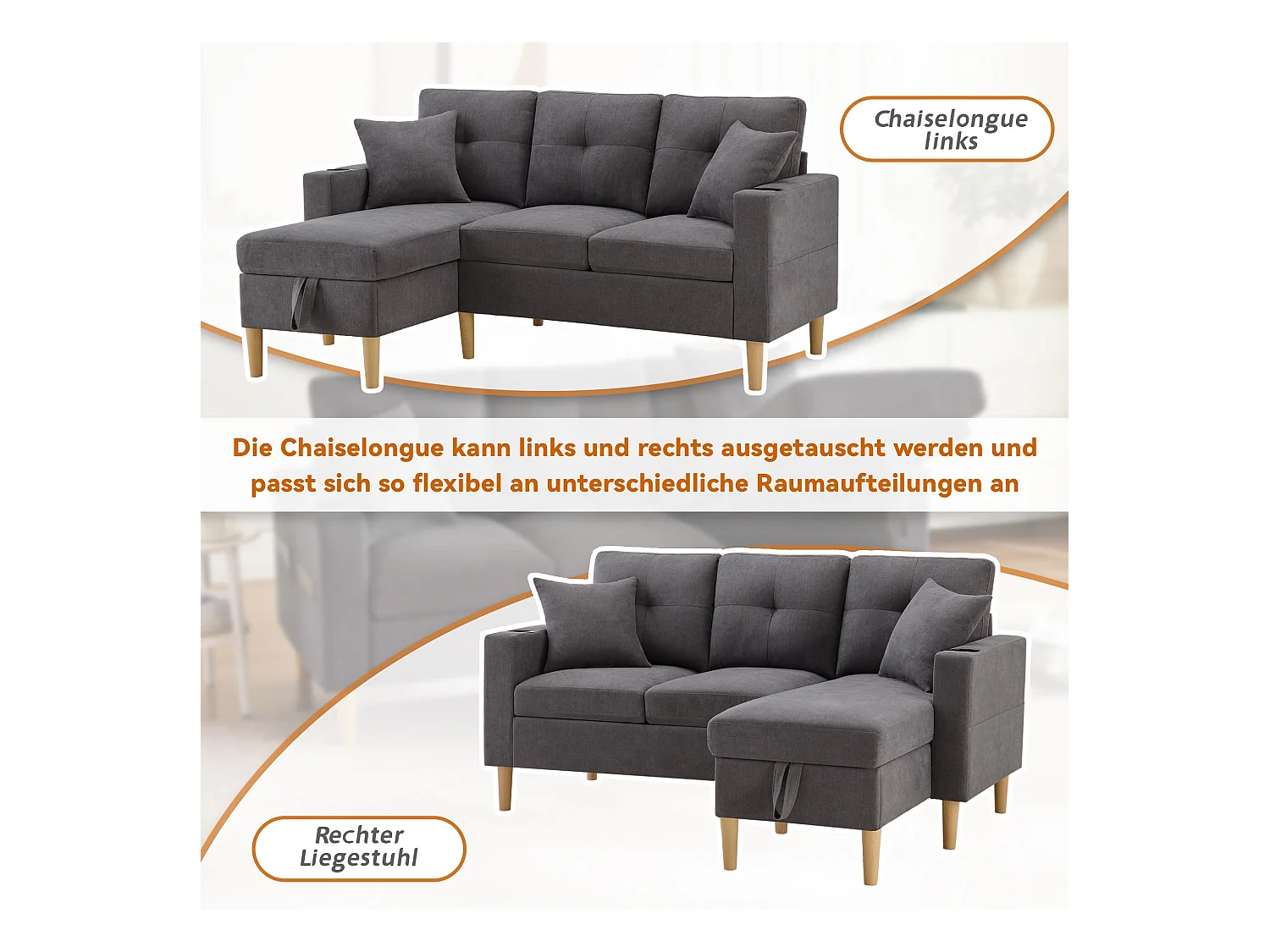 3-Sitzer Ecksofa L-förmiges Sofa mit Chaiselongue, Versteckter Stauraum für Wohnzimmer, Büro, Wohnung