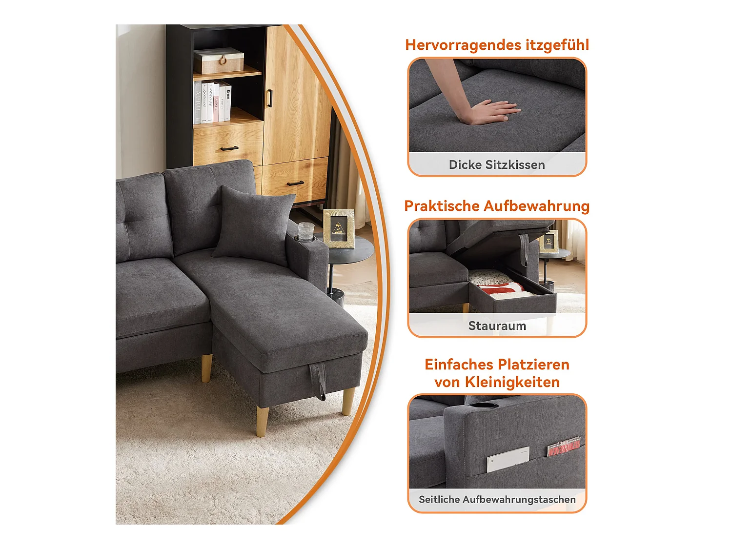 3-Sitzer Ecksofa L-förmiges Sofa mit Chaiselongue, Versteckter Stauraum für Wohnzimmer, Büro, Wohnung