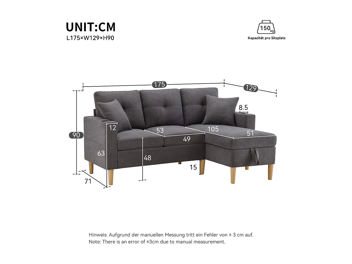 3-Sitzer Ecksofa L-förmiges Sofa mit Chaiselongue, Versteckter Stauraum für Wohnzimmer, Büro, Wohnung