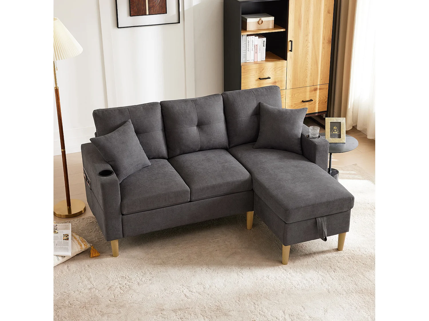 3-Sitzer Ecksofa L-förmiges Sofa mit Chaiselongue, Versteckter Stauraum für Wohnzimmer, Büro, Wohnung