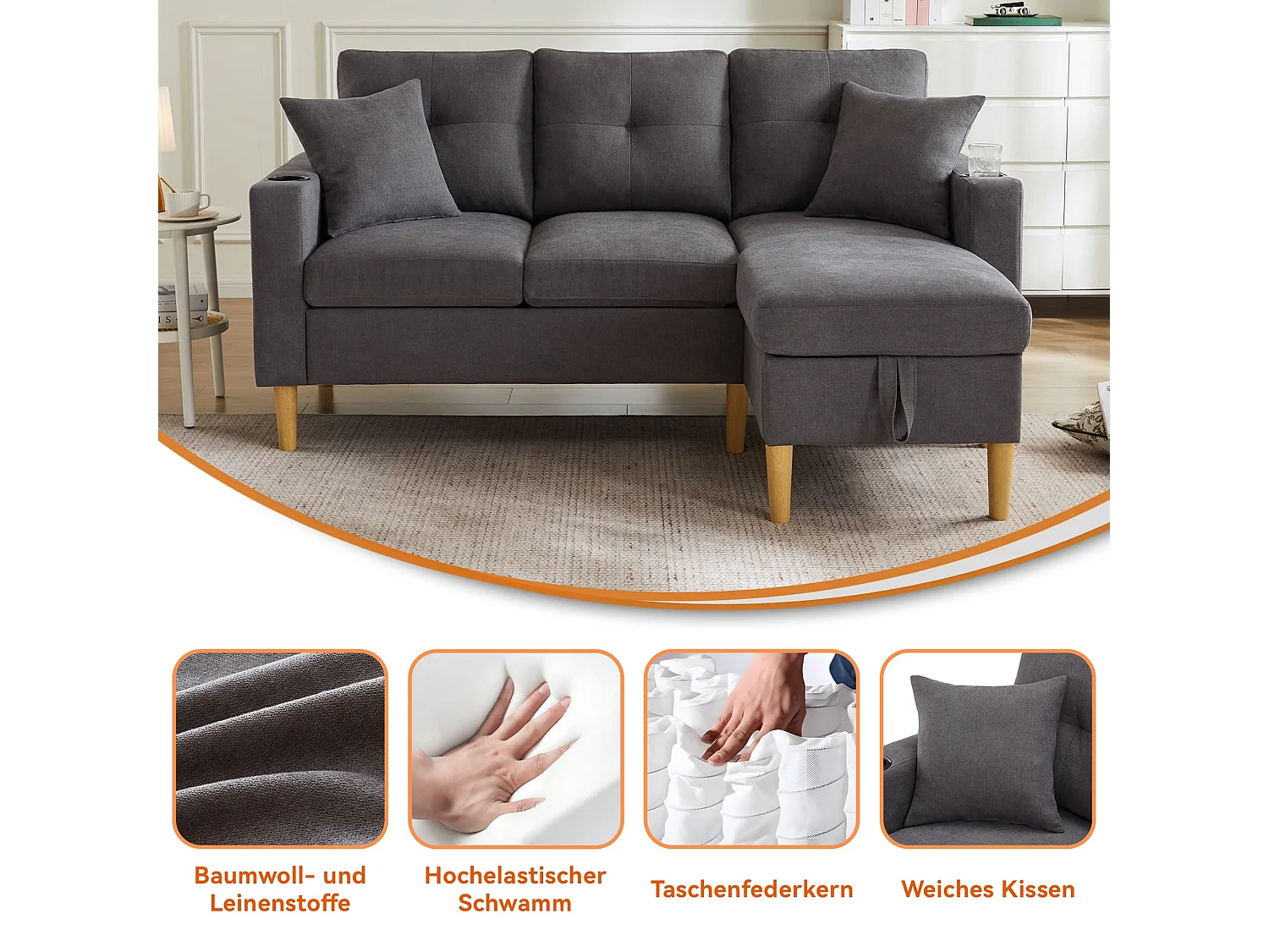 3-Sitzer Ecksofa L-förmiges Sofa mit Chaiselongue, Versteckter Stauraum für Wohnzimmer, Büro, Wohnung