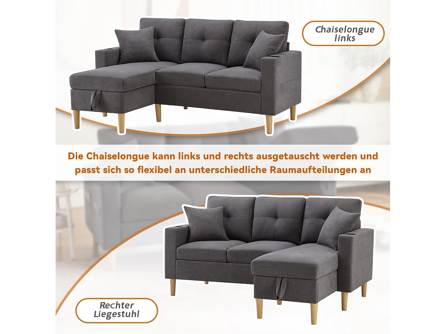 3-Sitzer Ecksofa L-förmiges Sofa mit Chaiselongue, Versteckter Stauraum für Wohnzimmer, Büro, Wohnung