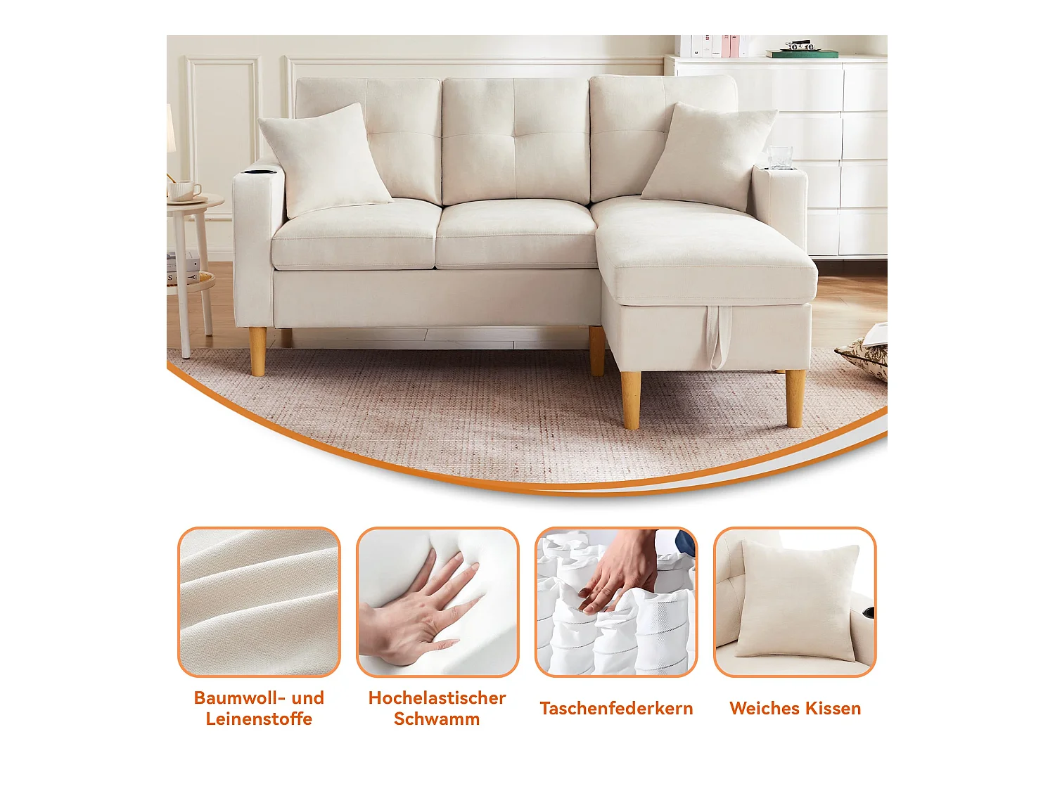 3-Sitzer Ecksofa L-förmiges Sofa mit Chaiselongue, Versteckter Stauraum für Wohnzimmer, Büro, Wohnung